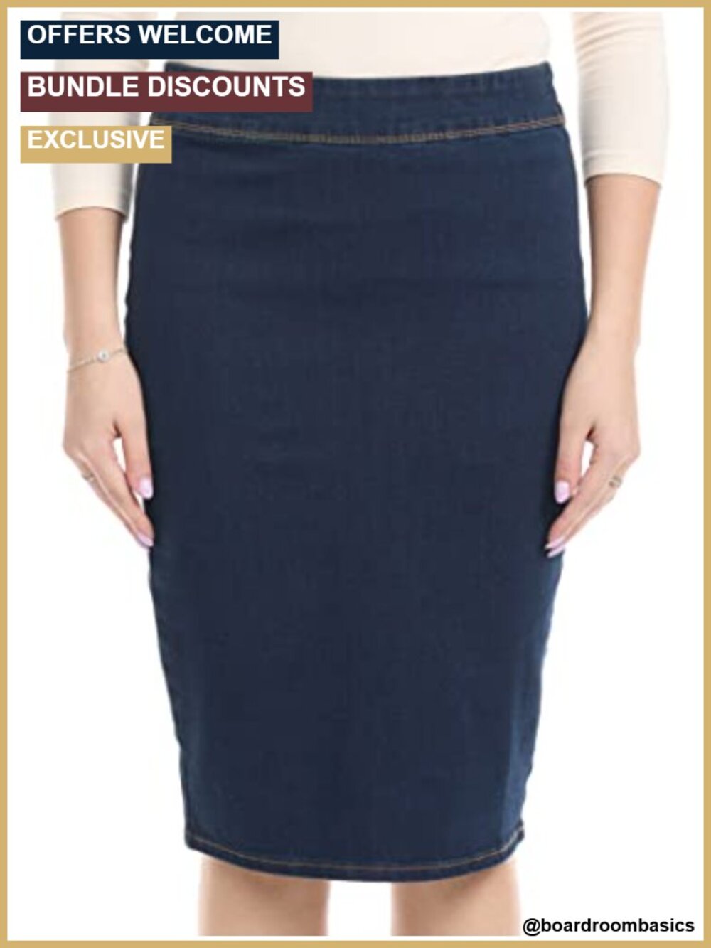Womens Pull-On Pencil Skirt 4 Way Stretch Denim Knee Length Office